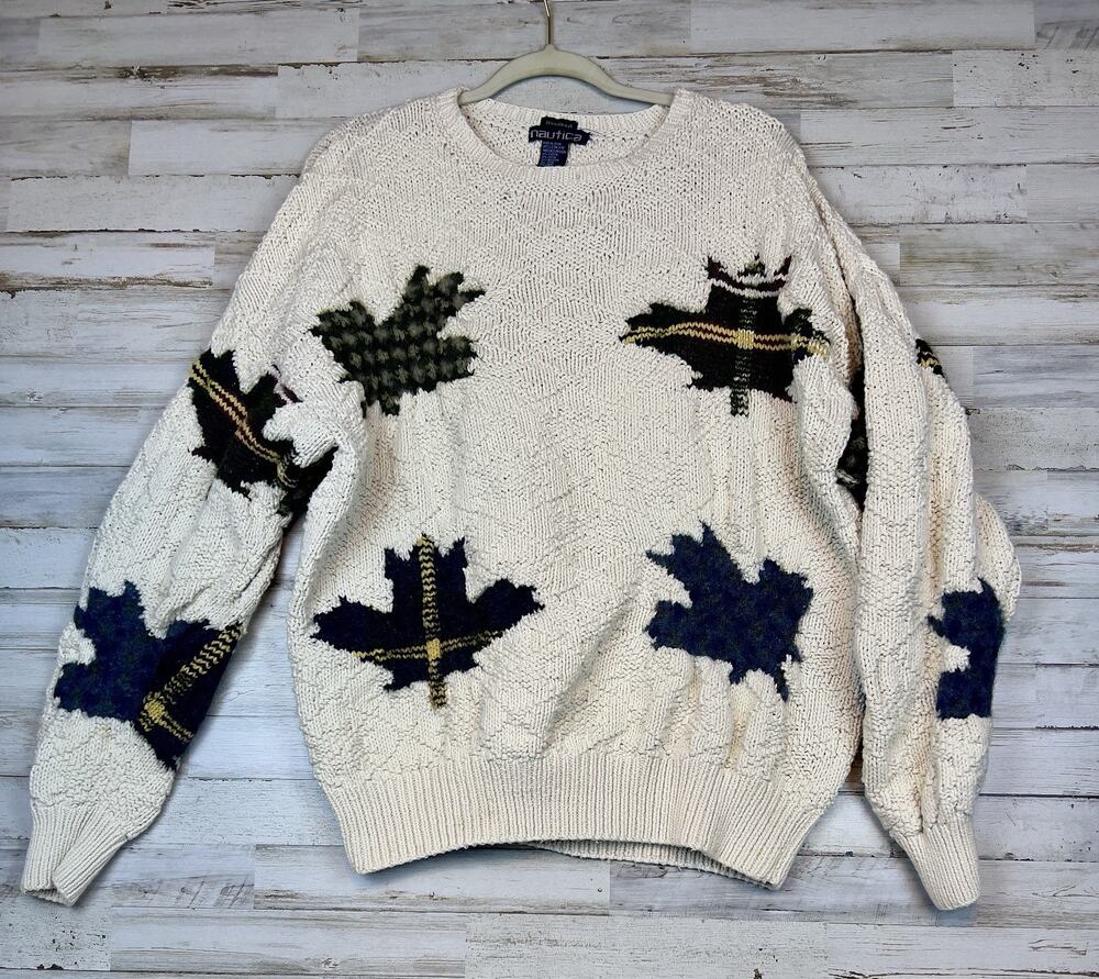 VINTAGE 90s Nautica Mens Chunky Hand Knit Sweater L Oversized 3D Leaf Pattern